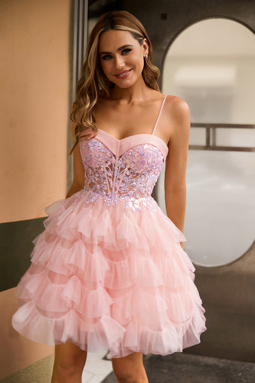 Pink A Line Corset Tiered Short Homecoming Dress with Sequins